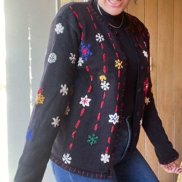 VTG Holiday Party Snow Flakes Snowmen Cardigan Ugly Christmas Sweater by Segue H - Picture 3 of 8